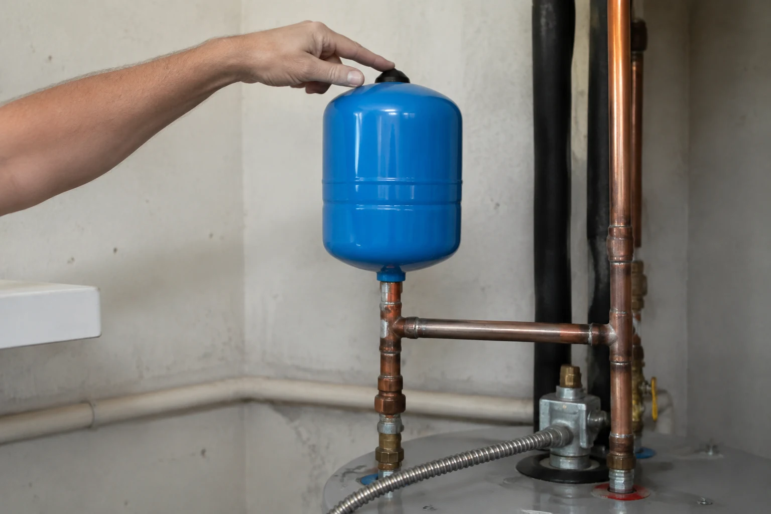 Plumber tapping the top of a water heater thermal expansion tank to listen for the hollow air-side sound