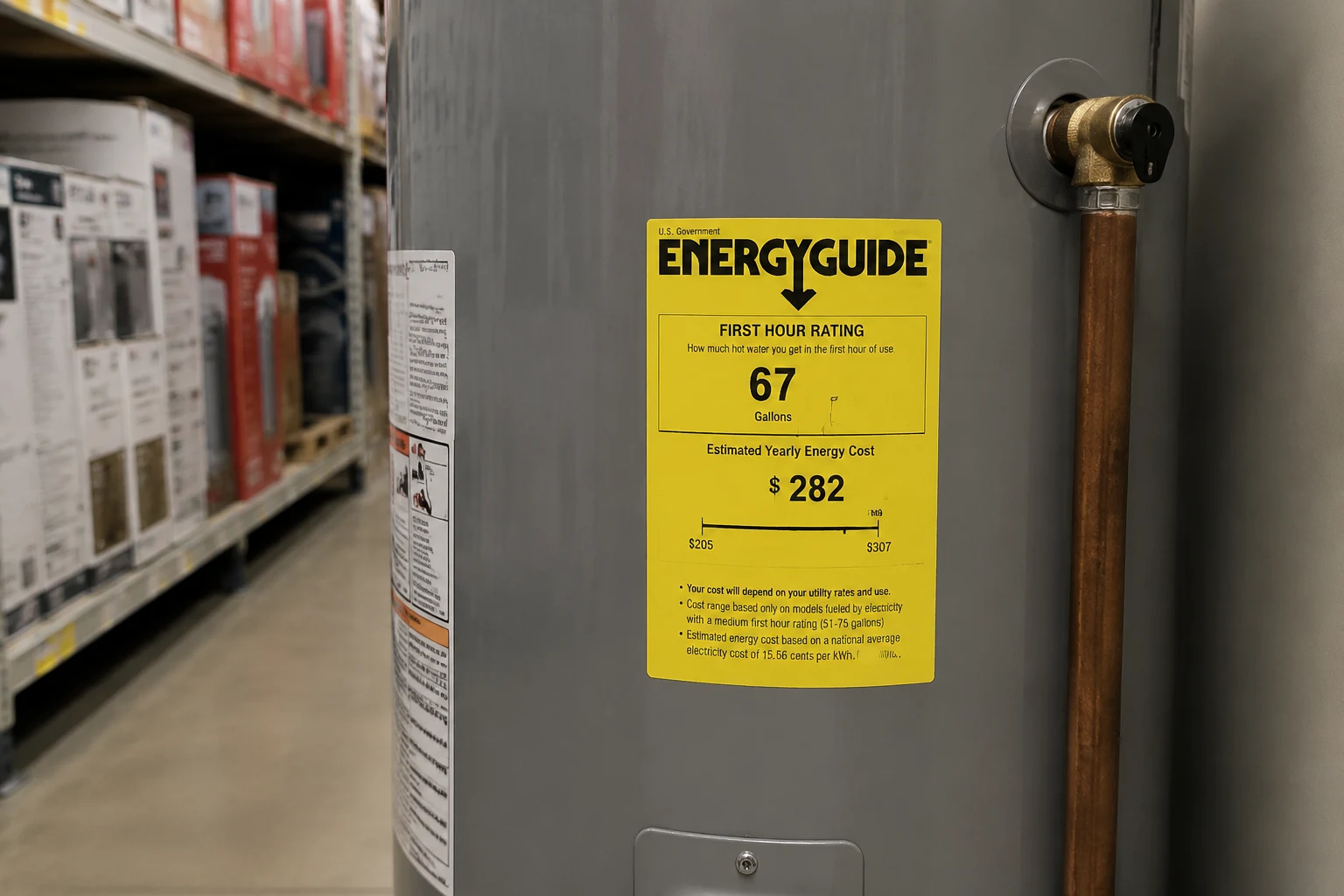 Close-up of the yellow EnergyGuide sticker on a new residential water heater with the first hour rating value highlighted