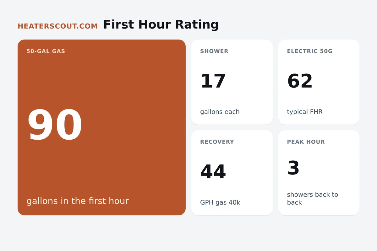 Bento-style infographic showing first hour rating: 90 gallons for a 50-gallon gas heater, 17 gallons per shower, 62 gallons FHR for a 50-gallon electric, 44 GPH recovery, and 3 back-to-back showers in the peak hour