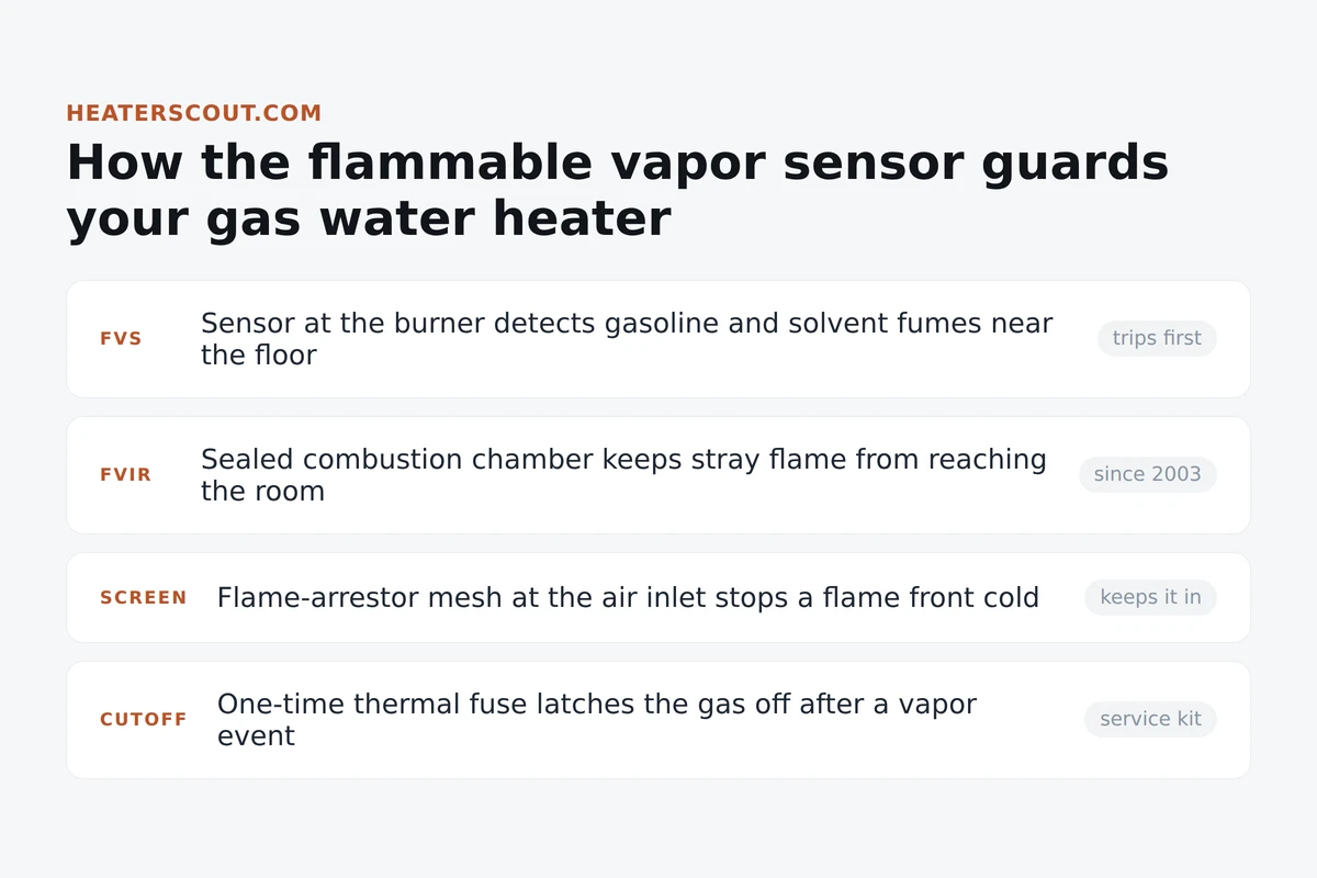 Diagram of the FVIR system on a gas water heater showing the flammable vapor sensor, sealed combustion chamber, flame-arrestor screen, and one-time thermal cutoff