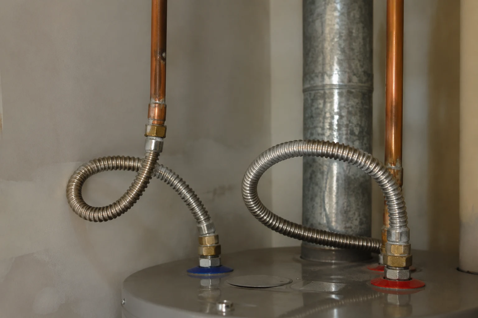 Two braided stainless water connectors arcing gently from a water heater's hot and cold nipples up to the shutoff and house piping, with a flex gas connector below