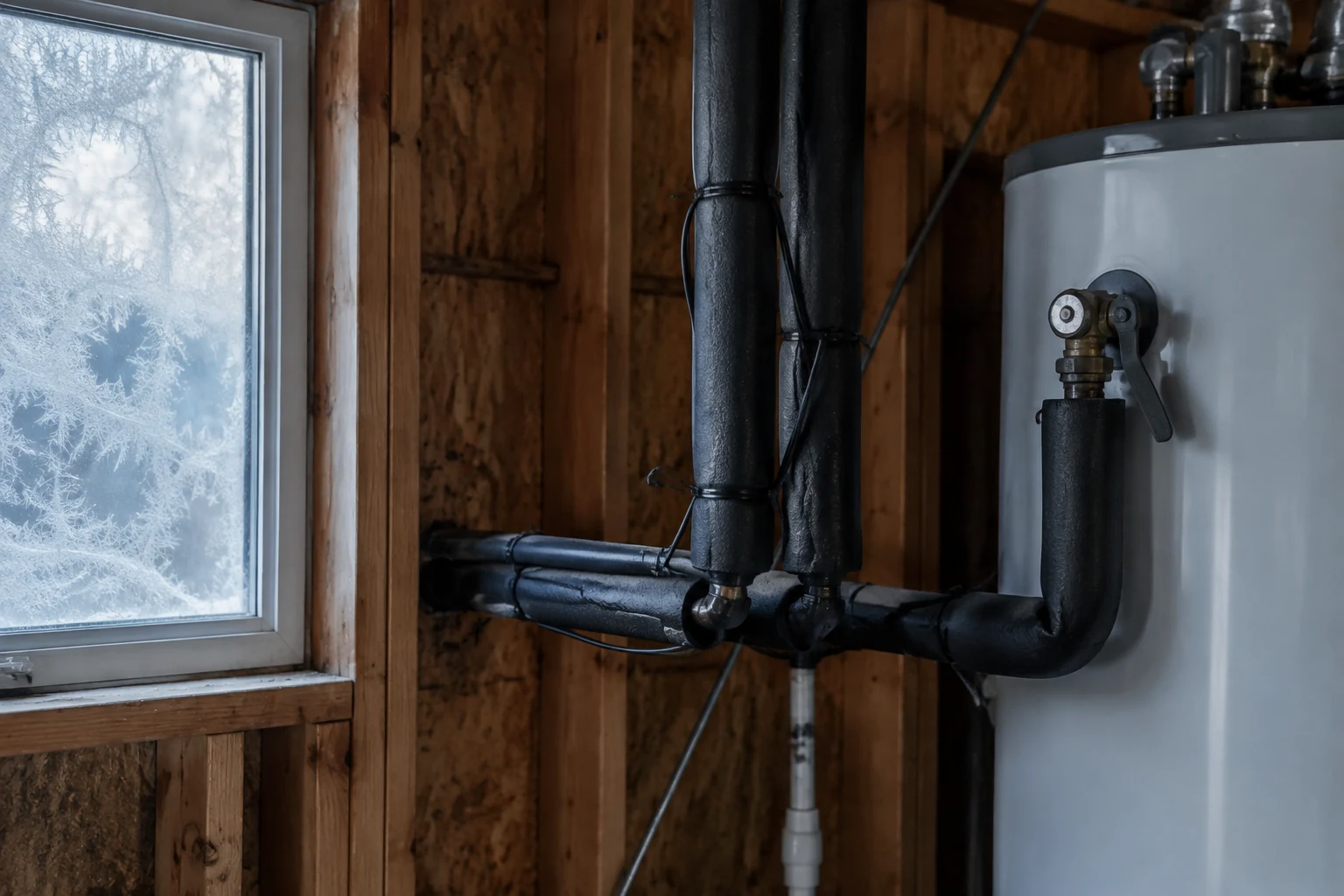 Foam pipe insulation and self-regulating heat-trace cable wrapped around the exposed water lines and condensate drain of a tankless water heater on an exterior wall