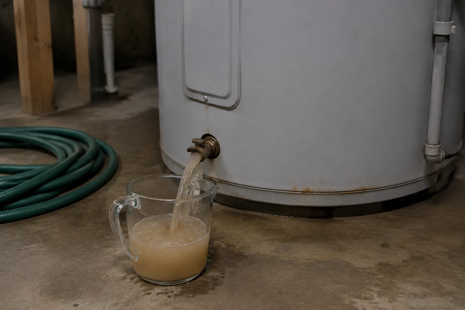 A garden hose draining sediment-laden water from the drain valve at the base of a gas water heater during a flush