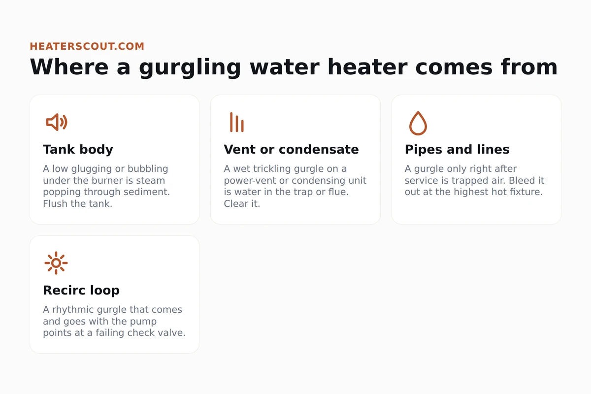 Four sources of a gurgling water heater: the tank body, the vent or condensate line, the plumbing lines, and the recirculation loop