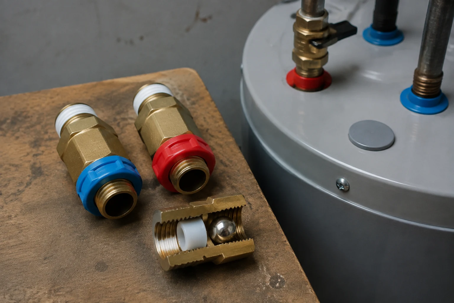 Top of a water heater showing color-coded blue cold-inlet and red hot-outlet heat-trap nipples threaded into the tank ports