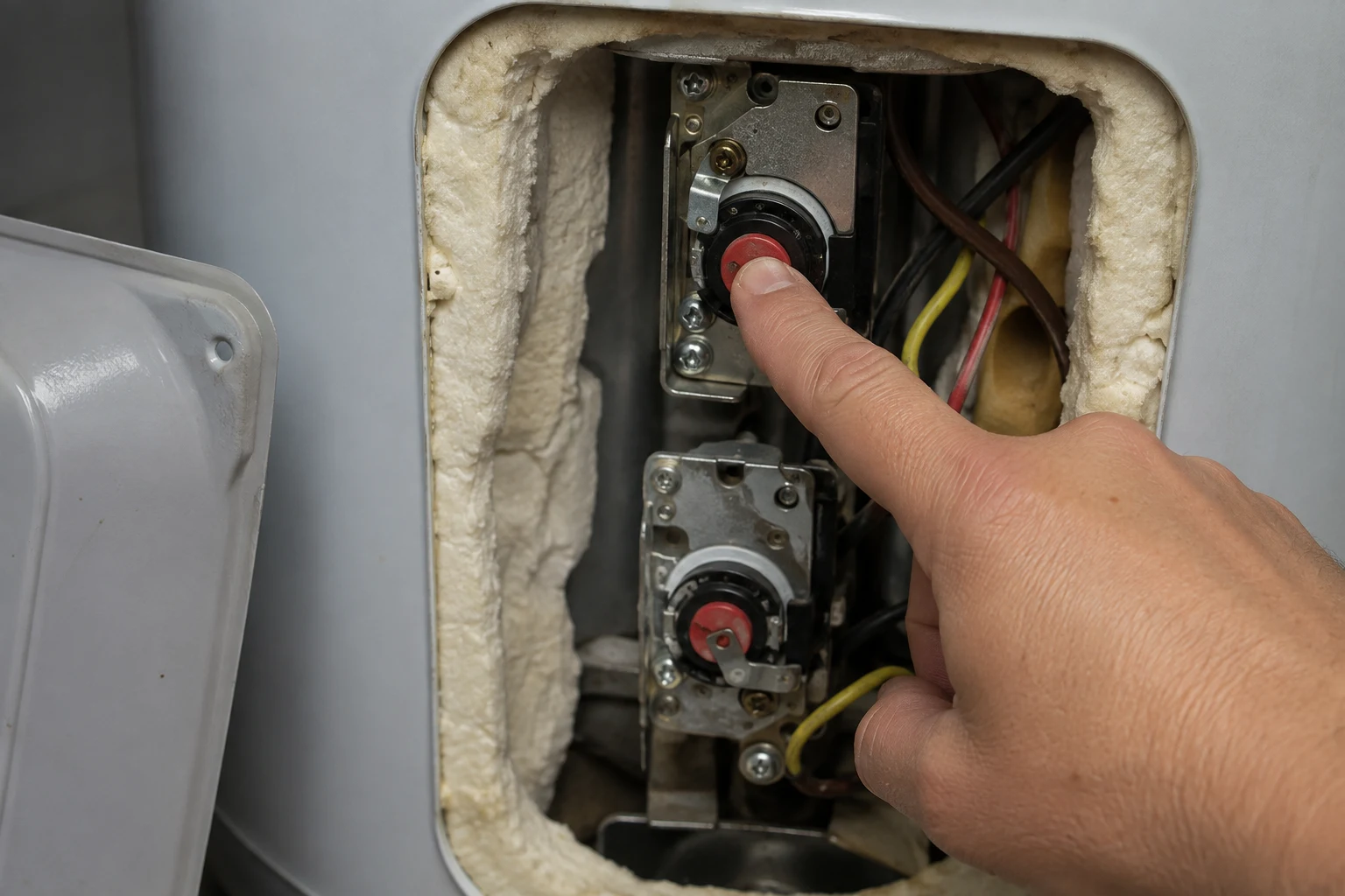 The upper access panel of an electric water heater open, showing the upper thermostat with the red ECO reset button and the two element terminals where a multimeter checks for a ground fault