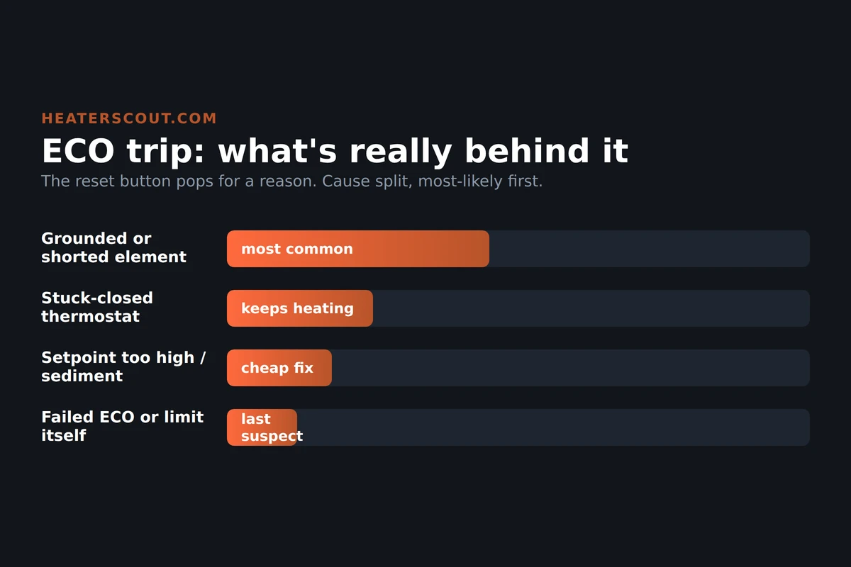 Water heater high-limit ECO trip cause split showing grounded element as most common, then stuck-closed thermostat, high setpoint or sediment, and a failed limit as the last suspect