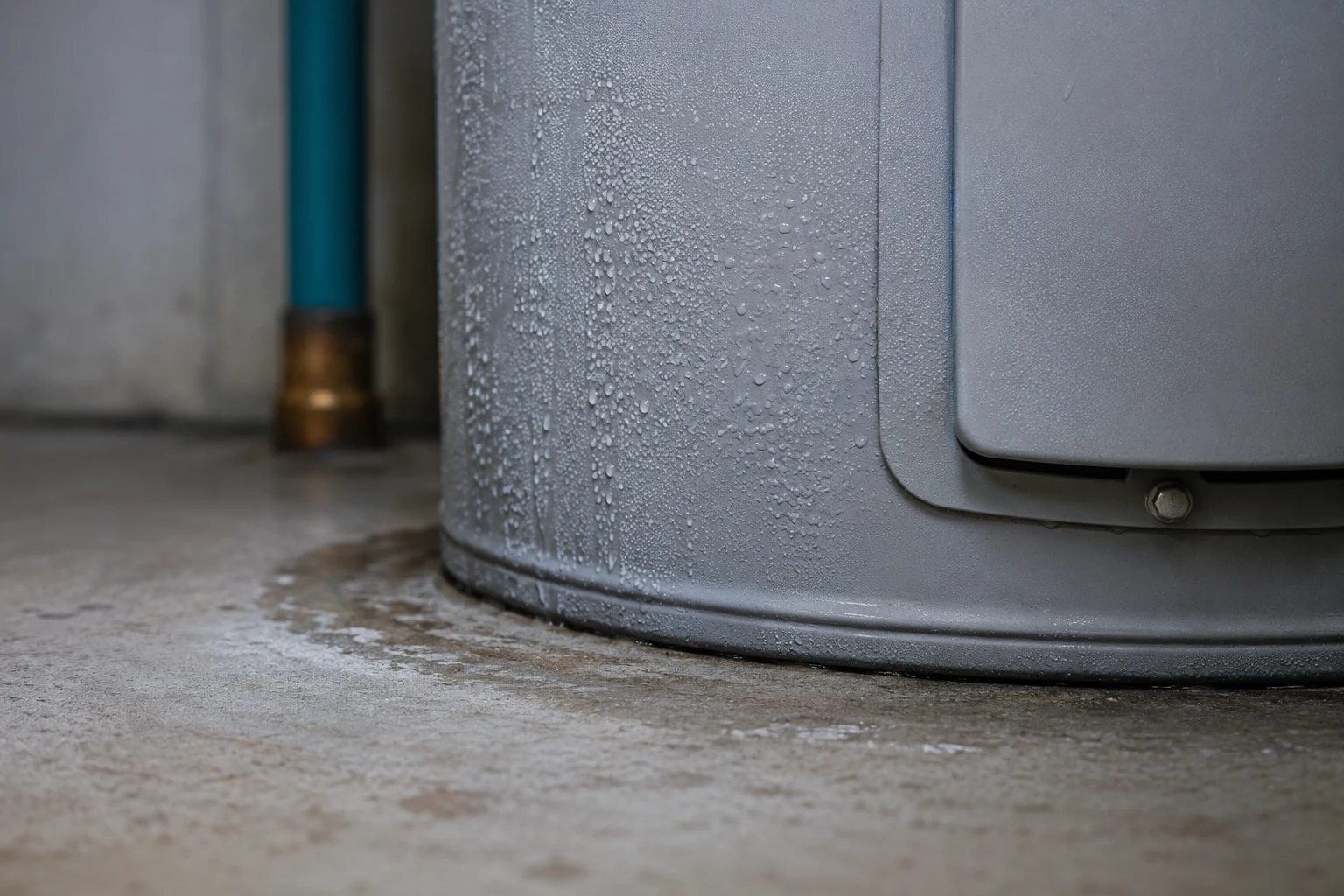 Close-up of the burner area at the base of a gas water heater where condensation drips and sizzles during a heating cycle