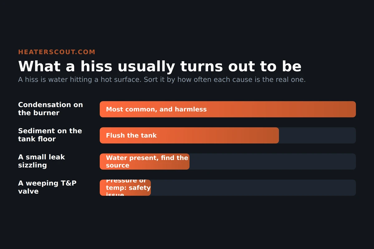 Horizontal bar chart ranking water heater hiss causes by frequency, with condensation on the burner most common and a weeping T&P valve least common