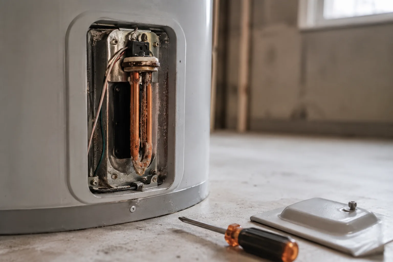 Heating element removed from an electric water heater on a workbench