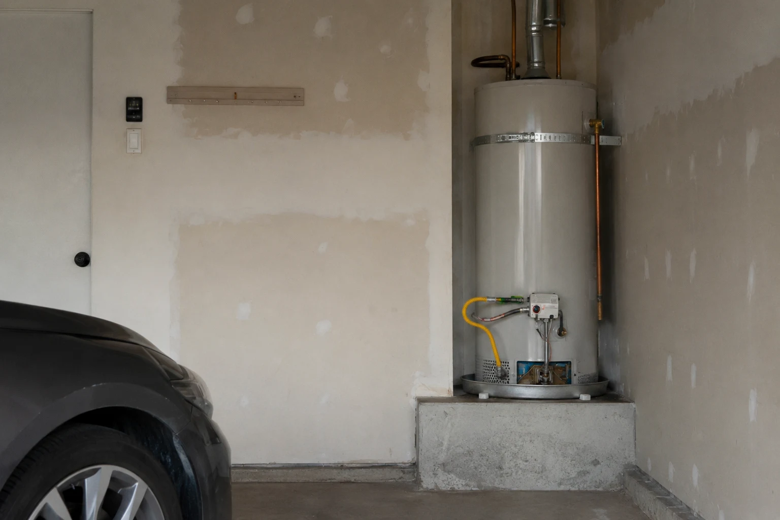 Gas water heater in a garage on a raised platform with a seismic strap and a steel bollard set in the concrete floor in front of it