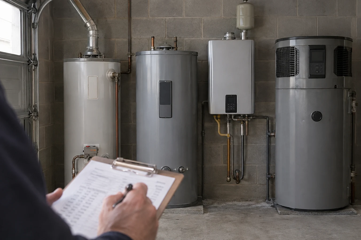 A plumber connecting a new water heater with flexible water lines, a gas connector, and a temperature and pressure relief discharge pipe, illustrating the labor and fittings behind an installed price