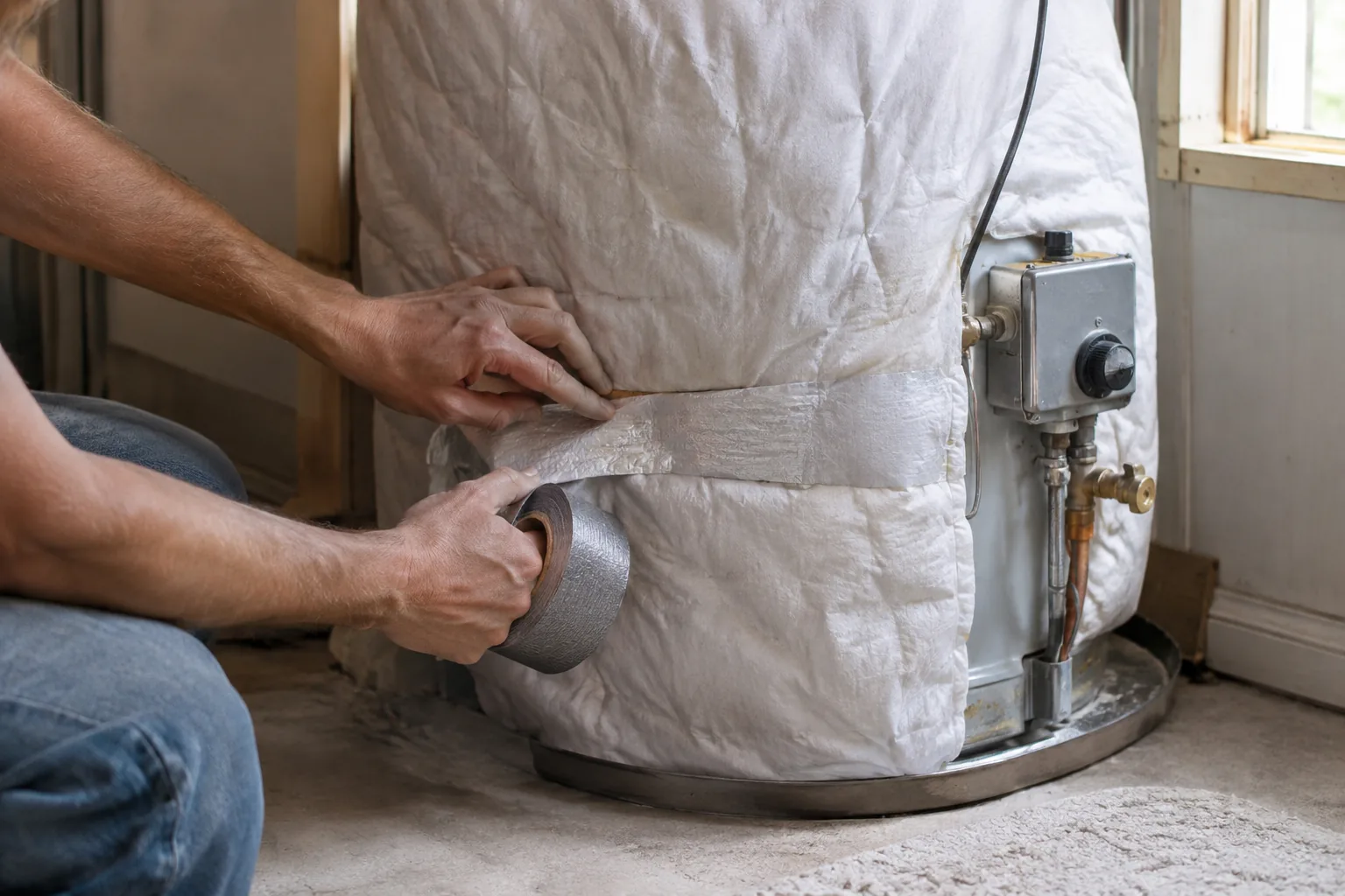 Cutout in a water heater blanket leaving the T and P relief valve and controls exposed