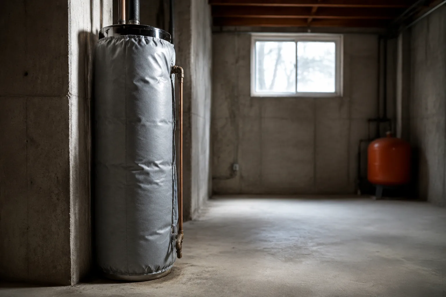 Insulation blanket wrapped around an electric water heater tank in a garage
