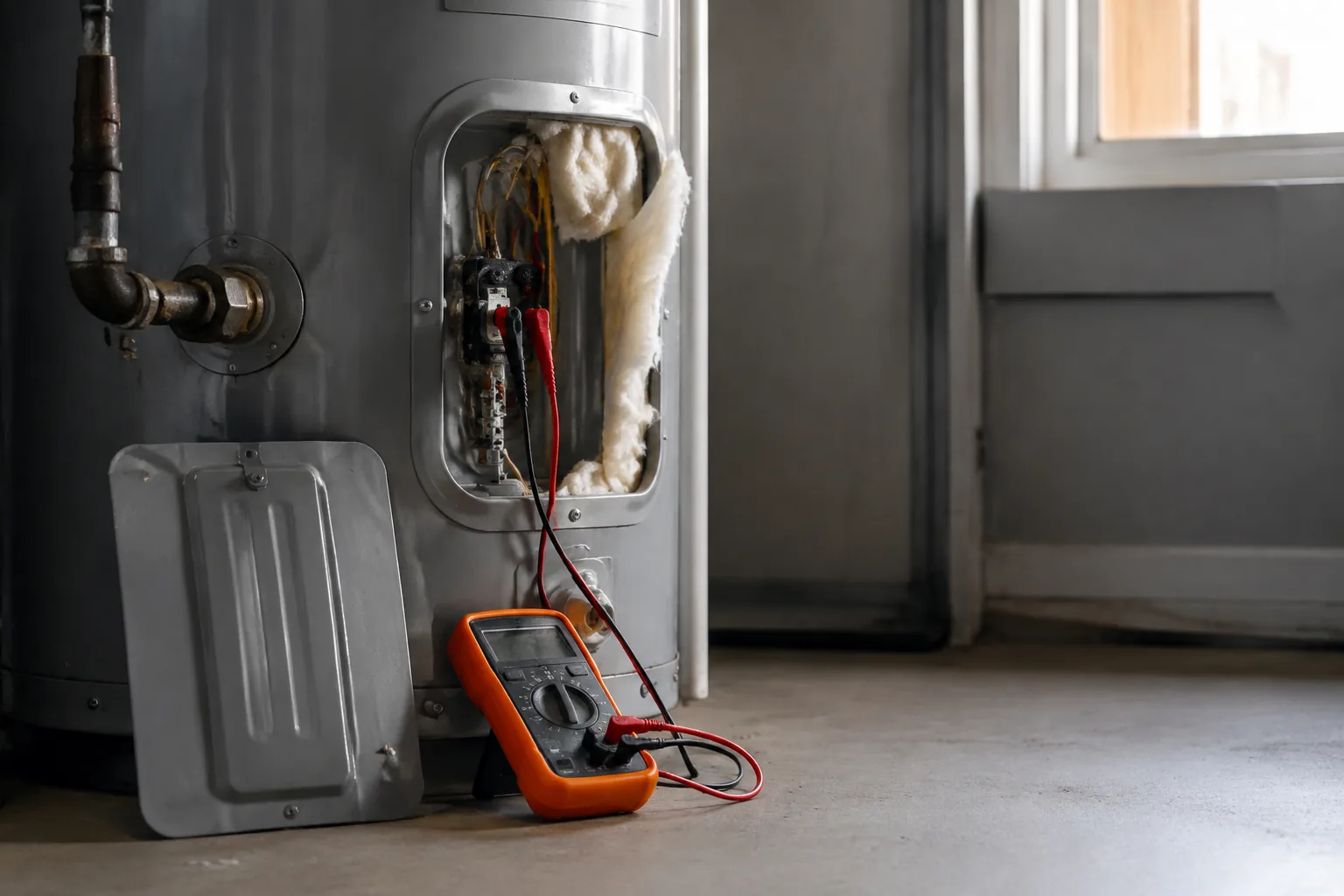 Electric water heater with the access panel open, thermostat and heating element exposed for testing
