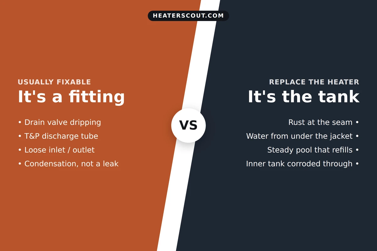 Split comparison: fixable fitting leaks on the left versus a failed tank on the right