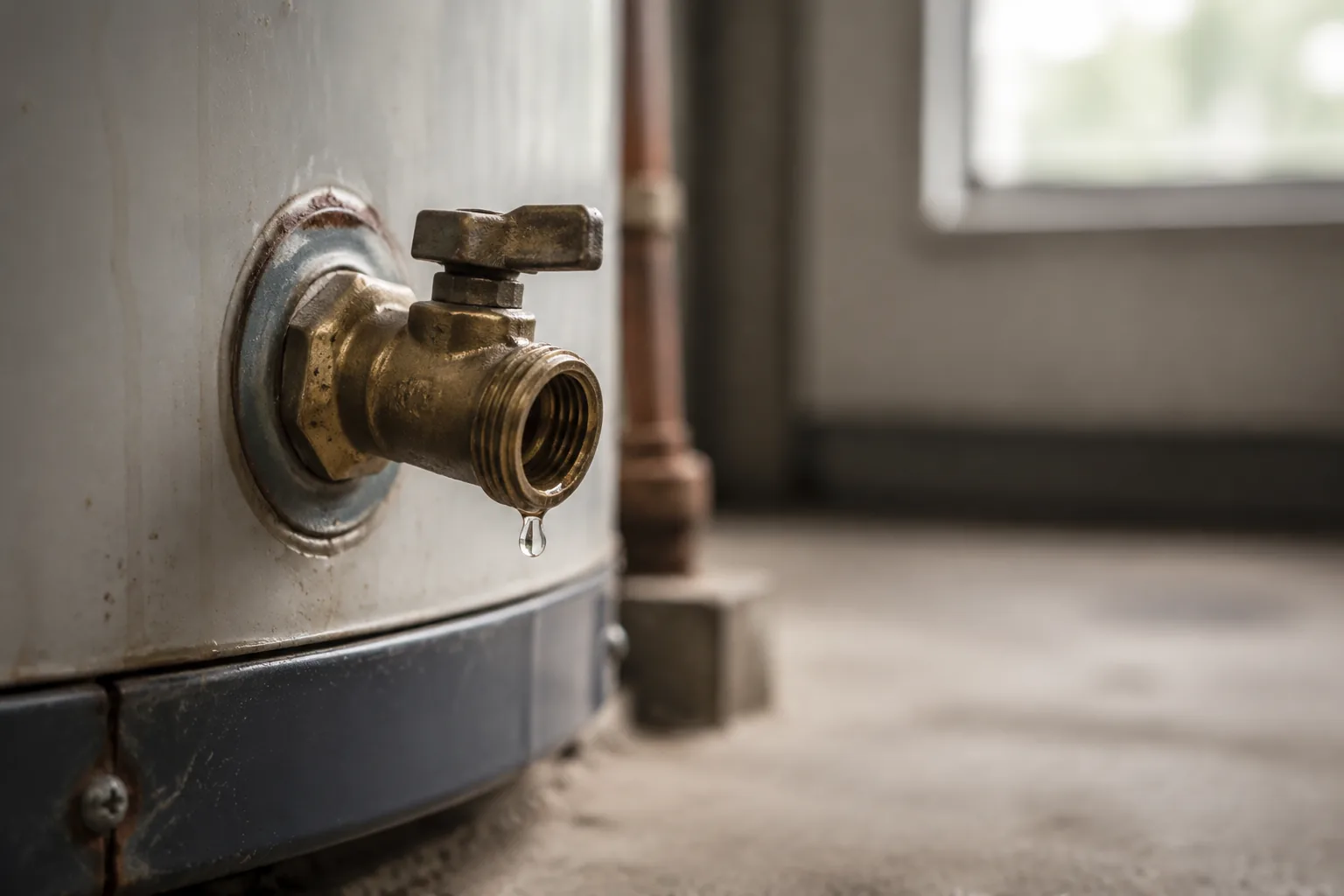 Brass hose cap and a quarter-turn ball valve laid next to a water heater drain outlet