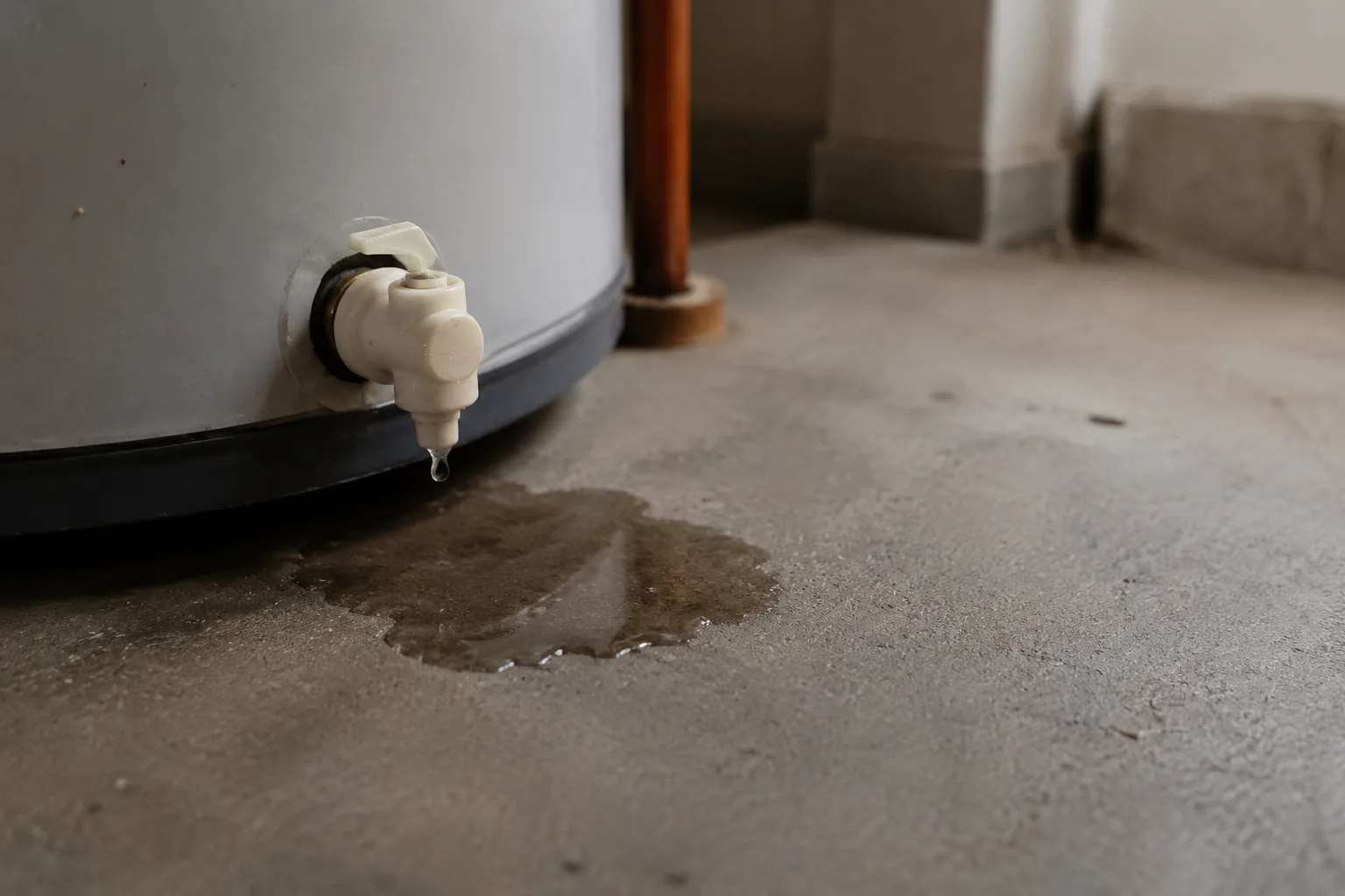 Close-up of a water heater drain valve dripping at the bottom of the tank