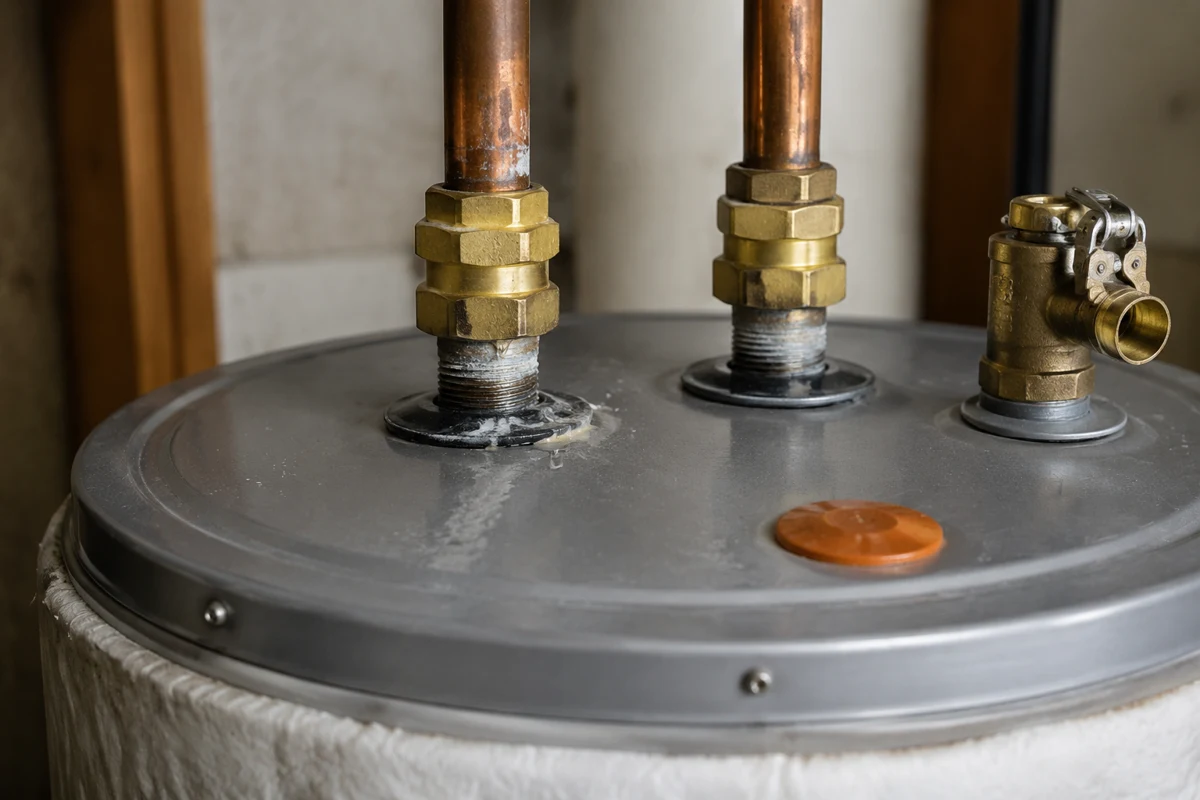 Close-up of a temperature-pressure relief valve on a water heater