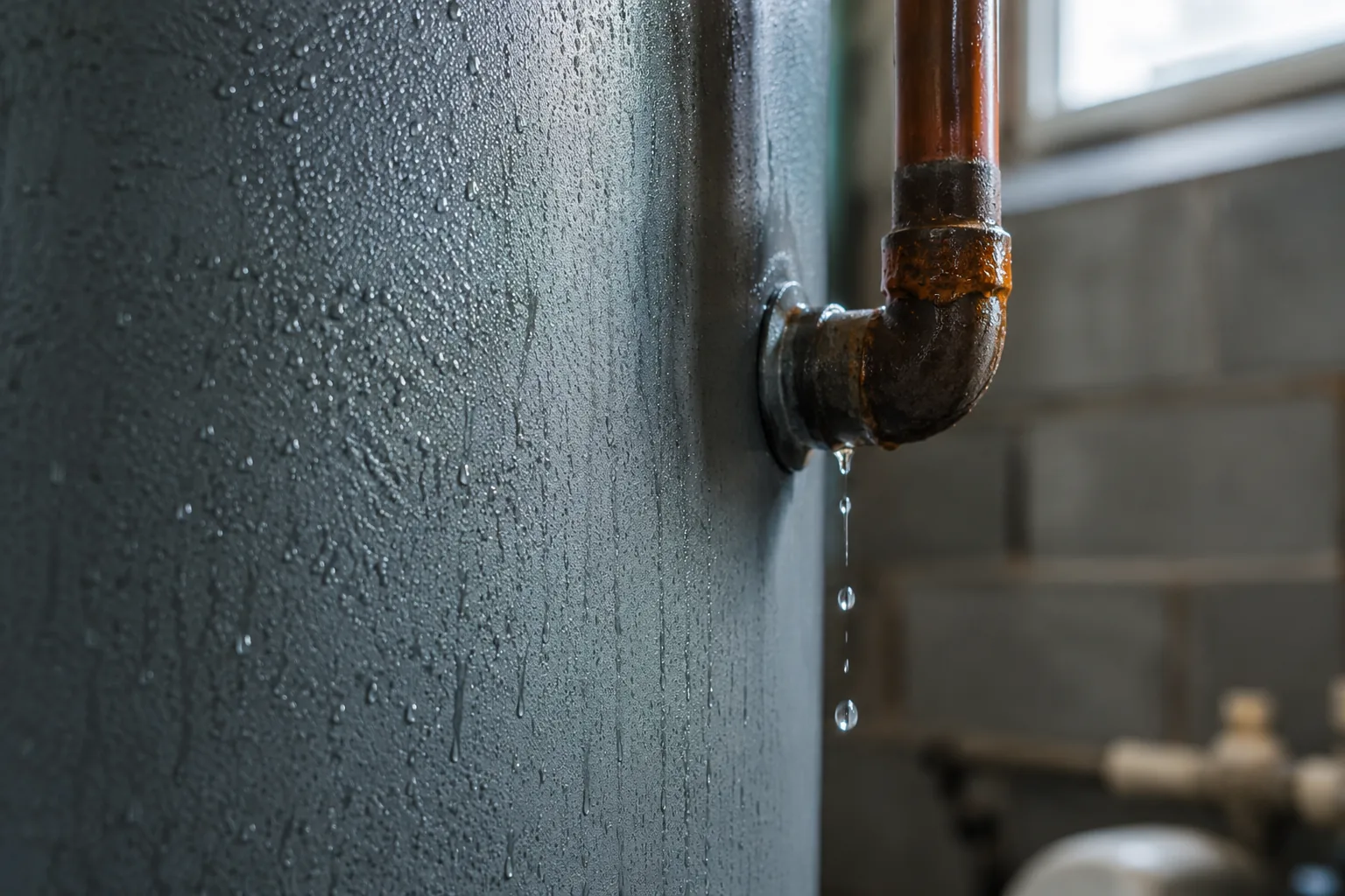 Close-up of a paper towel placed under a water heater fitting to trace the source of moisture