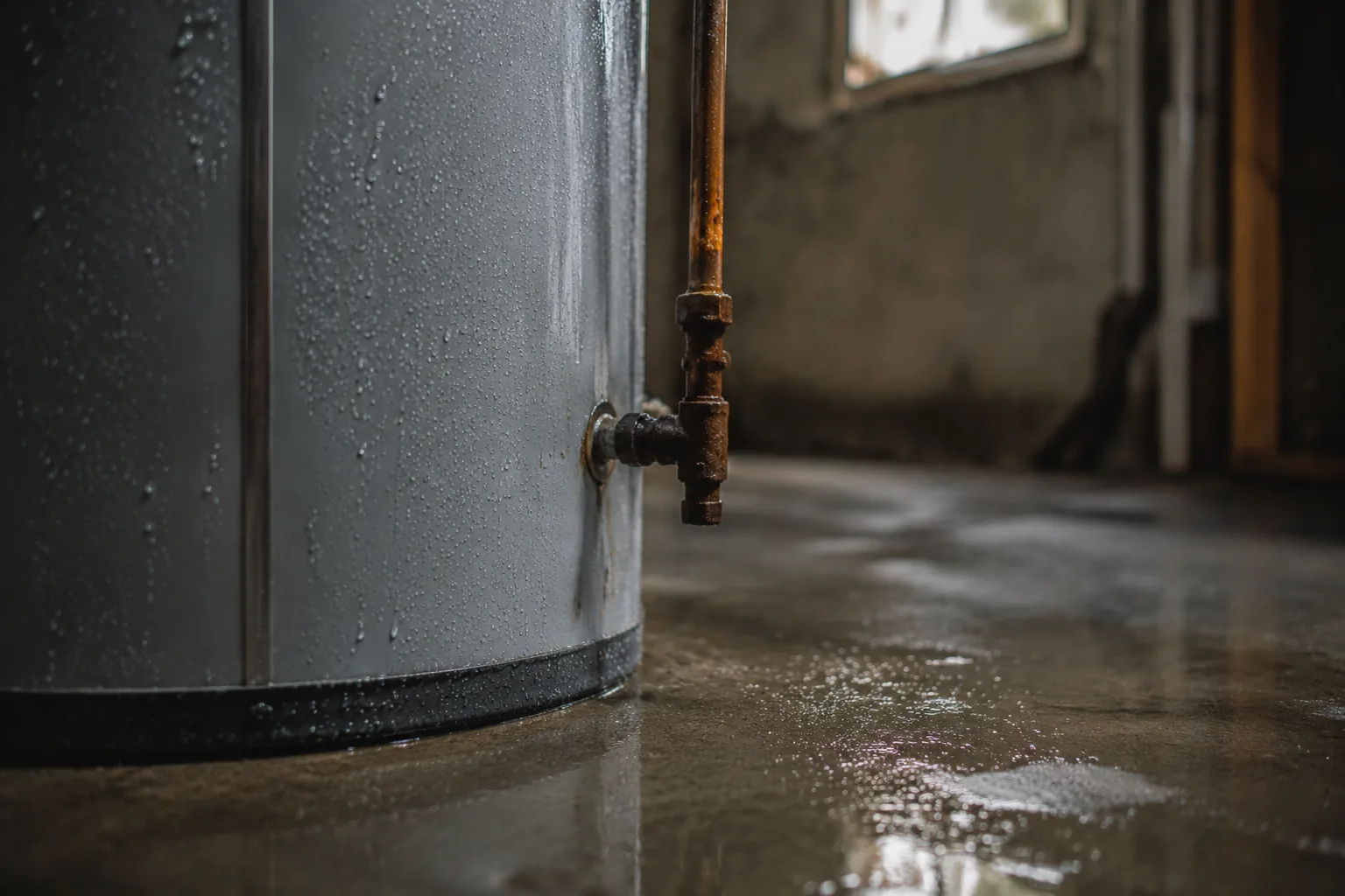 Water heater with beads of moisture on the tank and a small amount of water on the floor