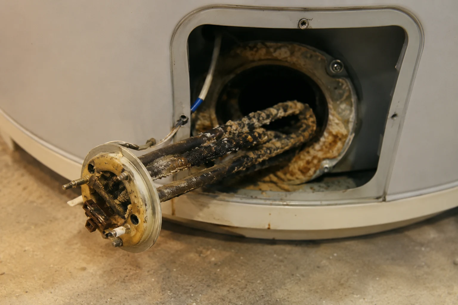 A multimeter set to ohms with its probes on the two terminals of a lower water heater heating element behind the removed lower access panel and folded-back insulation