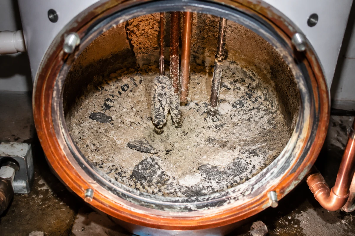Mineral scale and sediment removed from a water heater tank