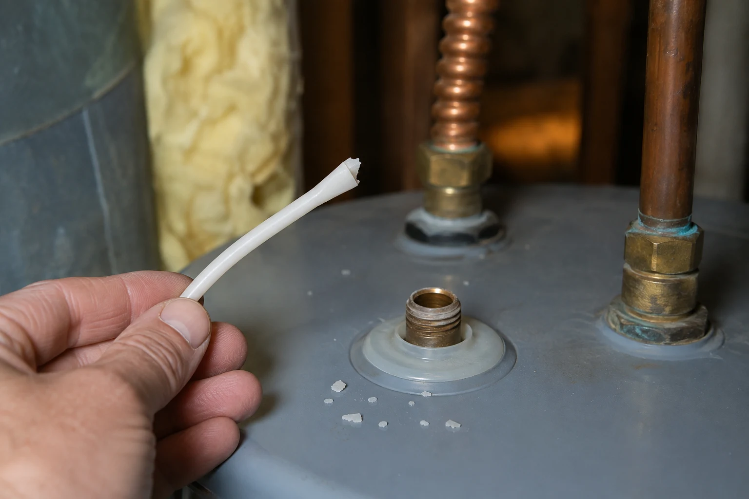 Cutaway view of a storage water heater tank showing the dip tube carrying cold water down to the bottom, the upper and lower heating elements on an electric unit, and a layer of sediment on the tank floor around the lower element, the parts that decide how much hot water you actually get