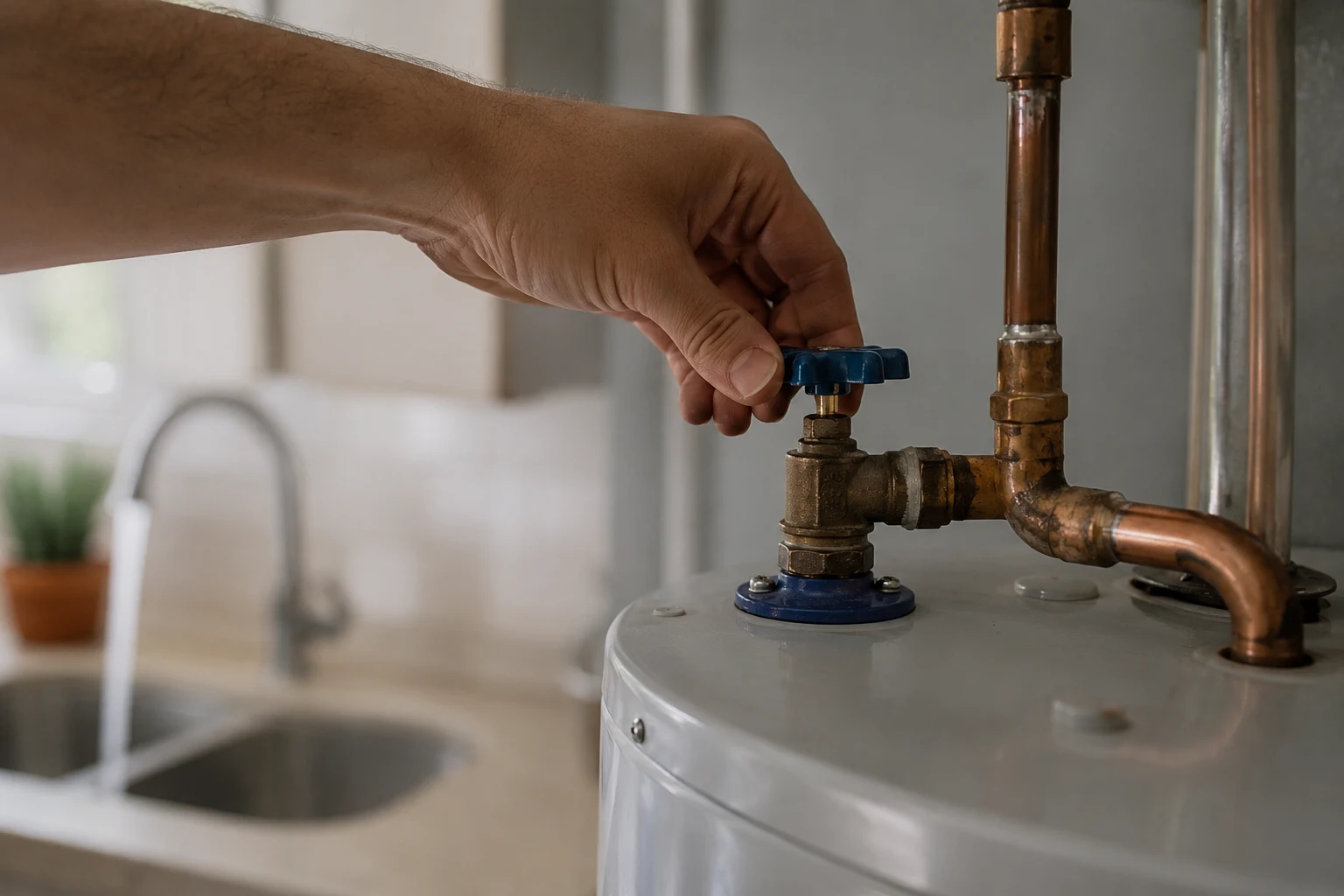 The top of a residential water heater showing the cold-water inlet shutoff valve and the hot-water outlet, the connections a homeowner opens fully when refilling the tank after a drain