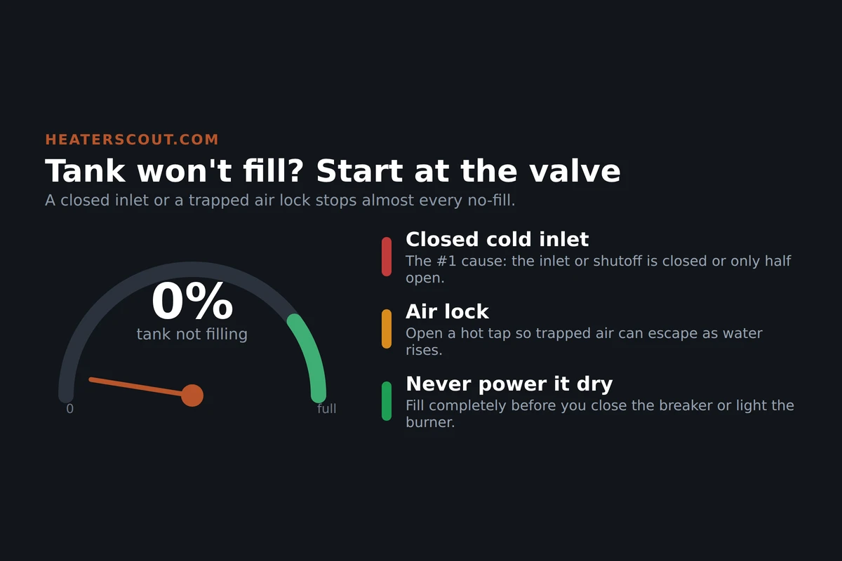 Gauge graphic showing a water heater tank fill level reading zero percent, with the top causes of a no-fill: a closed cold-water inlet valve, a trapped air lock cleared by opening a hot faucet, and the rule never to power the heater until the tank is full