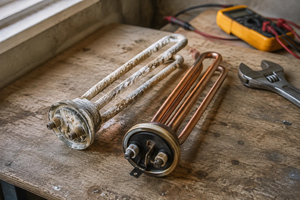 A scaled-over water heater element next to a new clean copper element on a workbench