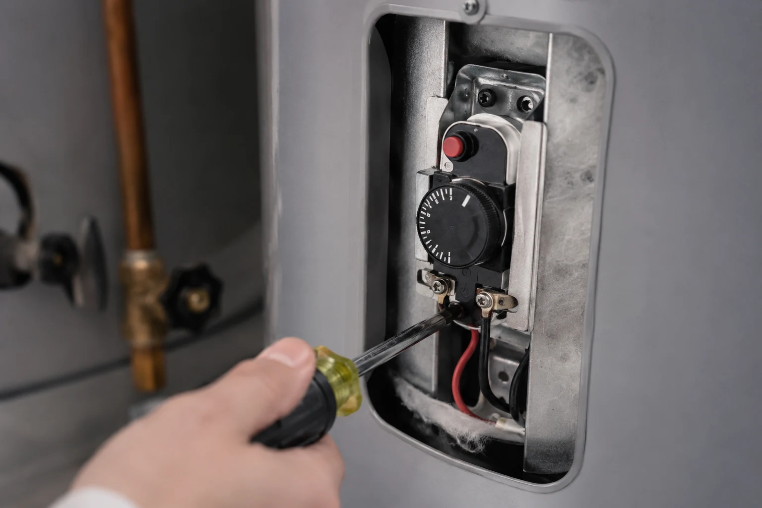Electric water heater with the upper access panel open showing the thermostat, the red ECO reset button, and the heating element terminals a homeowner tests with a multimeter after cutting power