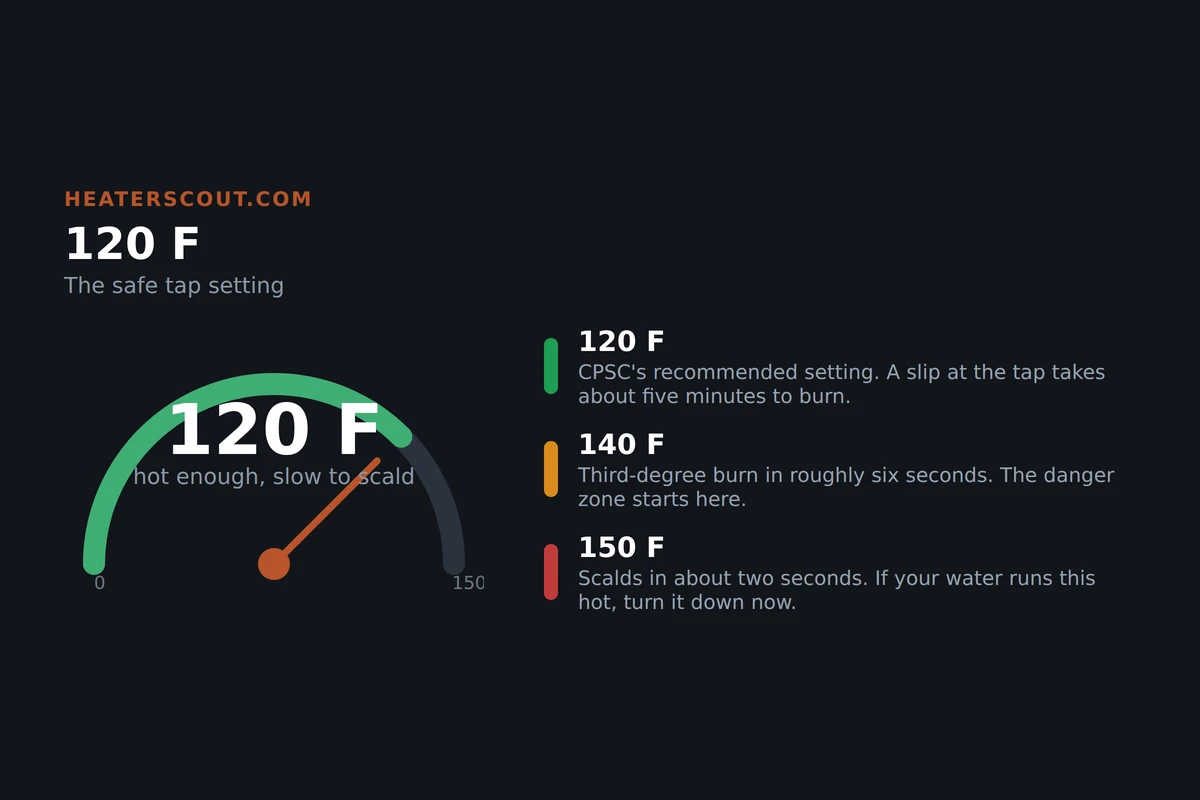 Gauge showing 120 degrees Fahrenheit as the safe water heater setting, with 140 and 150 degrees marked as the scald danger zone where burns happen in seconds