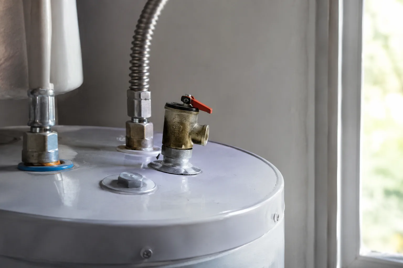 Anode rod, dip tube, and drain valve removed from a water heater tank