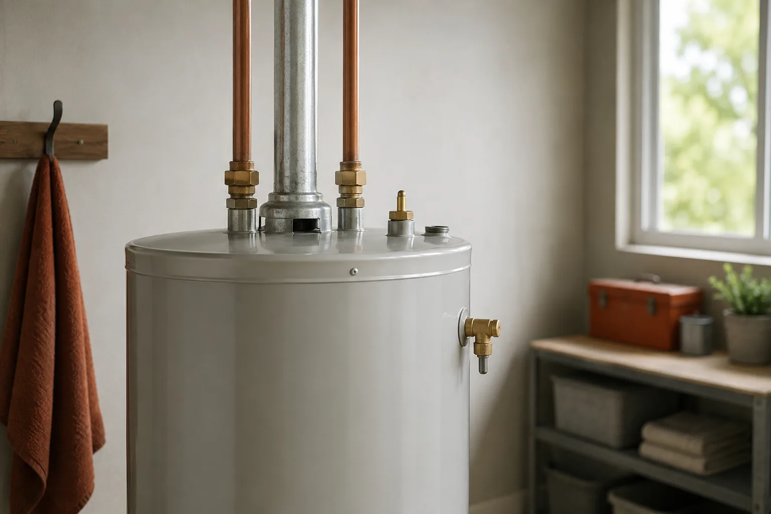 Cutaway diagram of a storage tank water heater showing labeled internal parts