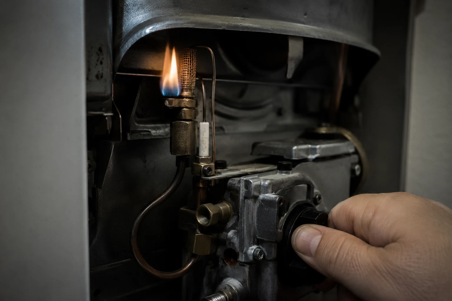 Close-up of a gas water heater burner assembly showing the pilot tube and its orifice, the thermocouple probe positioned in the pilot flame, the igniter, and the flame-arrestor screen at the base of the combustion chamber, the parts a homeowner inspects when a pilot will not stay lit