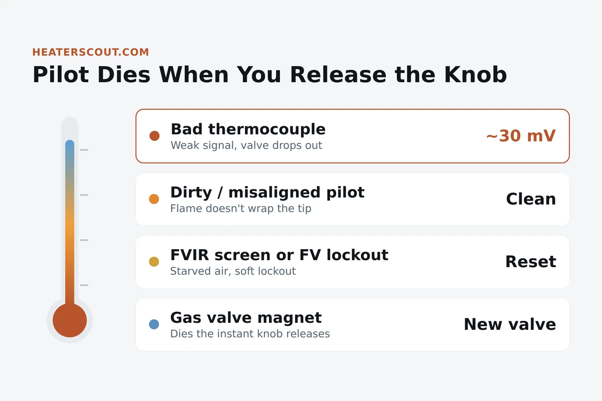 Diagnostic overview of a gas water heater pilot that will not stay lit, showing four causes: a bad thermocouple reading around 30 millivolts, a dirty or misaligned pilot flame that does not wrap the sensor tip, an FVIR flame-arrestor screen blockage or flammable-vapor-sensor lockout, and a failed gas valve magnet that drops the flame the instant the knob is released