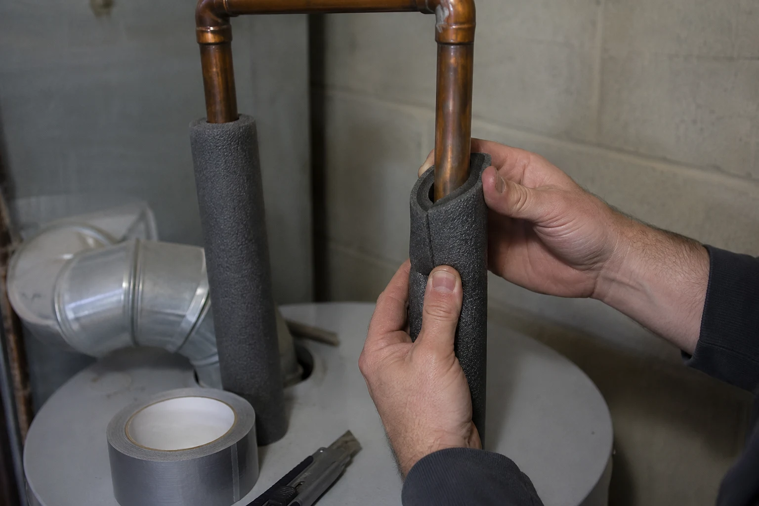 Pre-slit foam pipe insulation sleeve being pressed onto the exposed hot copper line above a residential water heater