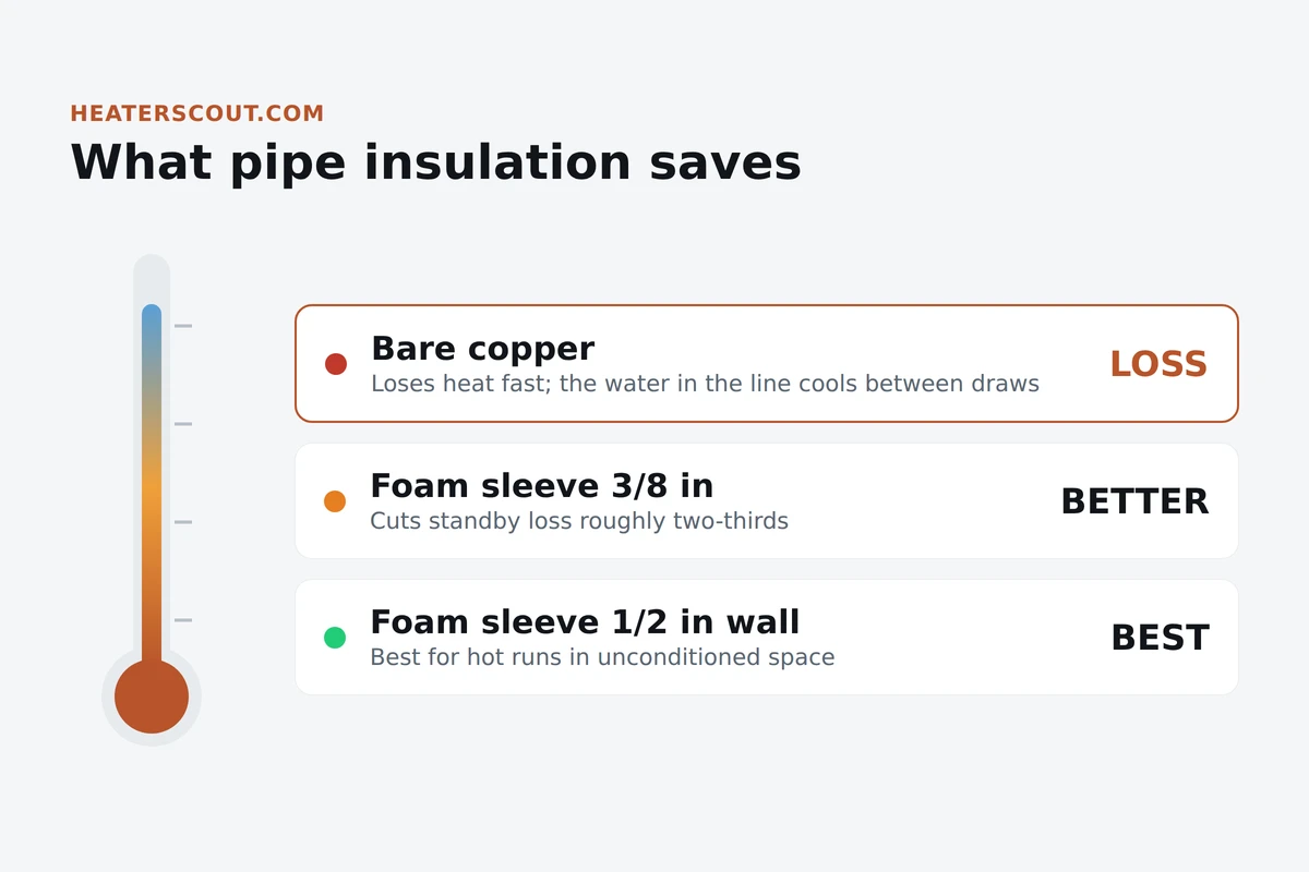 Thermometer-style chart comparing bare copper, a 3/8 inch foam sleeve and a 1/2 inch foam sleeve on a hot water pipe
