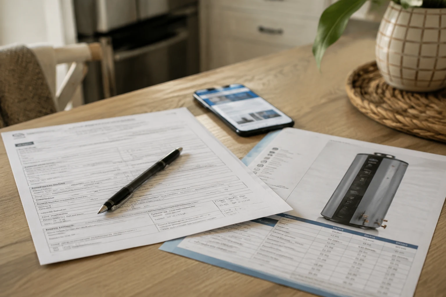 A homeowner comparing a heat-pump water heater invoice against a laptop showing a state energy office rebate portal and the DSIRE database