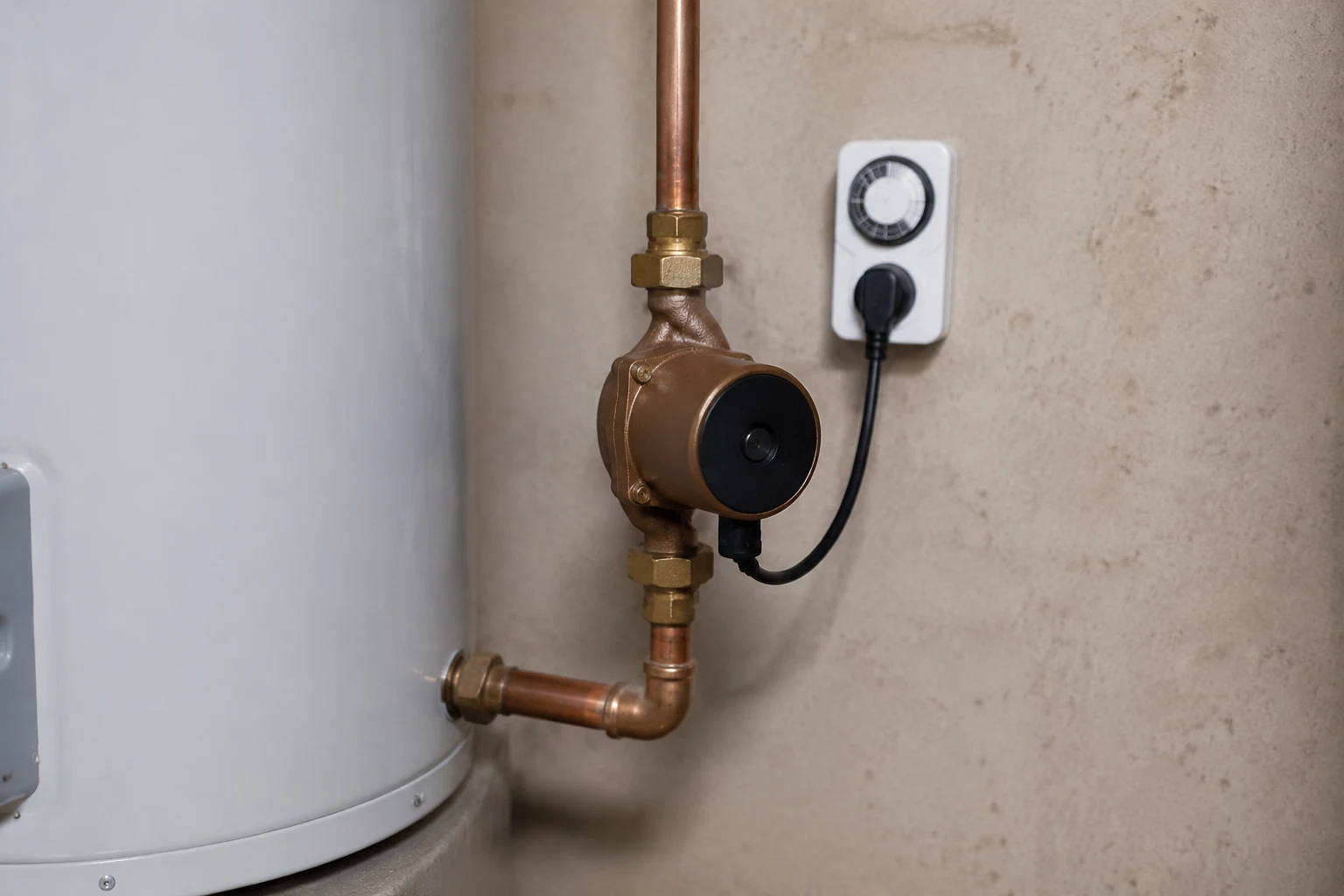 A compact recirculation circulator pump mounted on the hot water outlet at the top of a residential water heater with a control timer