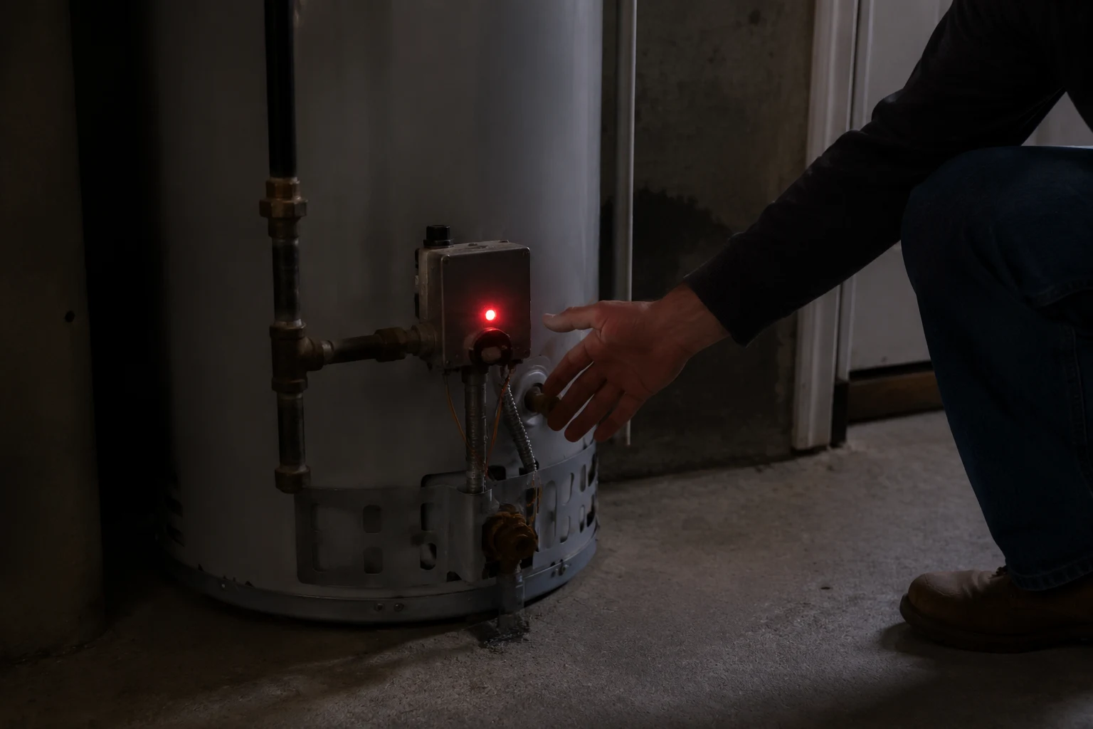 A gas water heater control valve at the base of the tank with the red diagnostic status light and the gas control knob visible, where flash codes are read and a knob reset is performed