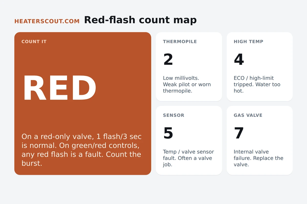 Cross-brand water heater red-flash code map showing 2 flashes as low thermopile voltage, 4 as a high-temperature shutdown, 5 as a sensor fault, and 7 as a gas control valve failure