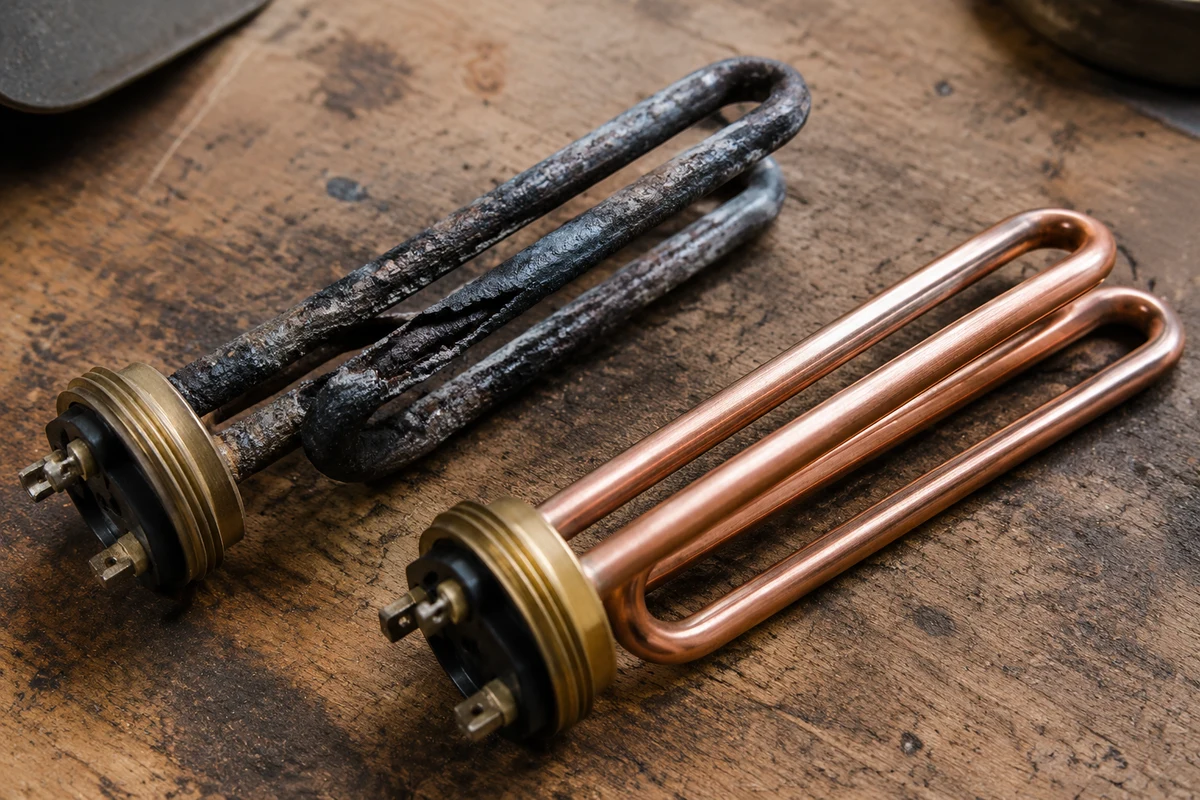 A burned-out, scaled electric water heater element next to a clean new copper element on a workbench