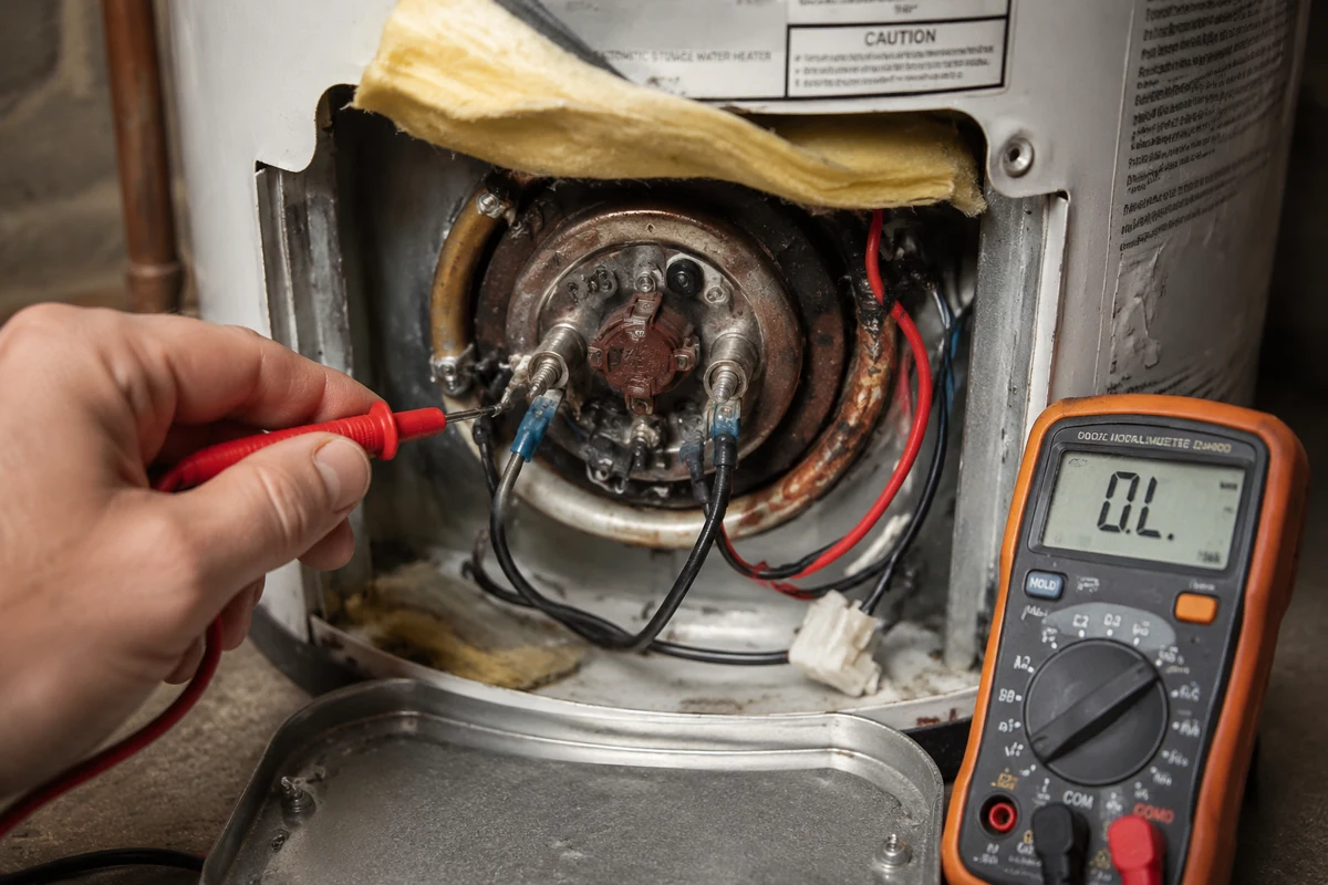 Heating element and dip tube laid out beside a water heater