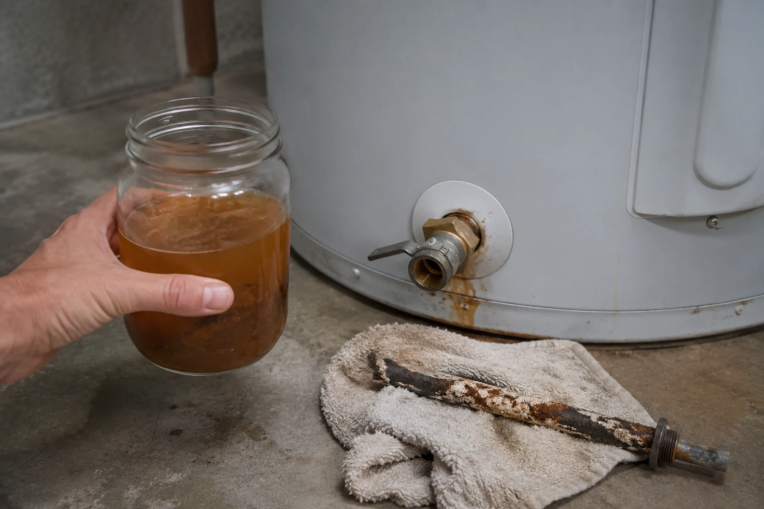 Close-up of a water heater's sacrificial anode rod removed from the tank, one showing a fresh thick rod beside one corroded down to a thin bare core wire, next to a glass of rusty hot water drawn from the tap, illustrating a depleted anode and the internal tank corrosion it allows