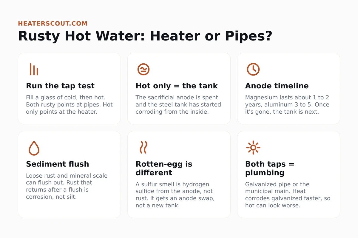 Diagnostic overview for rusty or discolored hot water from a water heater: the hot-versus-cold tap test showing both taps rusty means the pipes while hot only means the heater, the sacrificial anode rod depleting over one to five years, a sediment flush, the rotten-egg sulfur smell being a separate anode chemistry issue, and galvanized supply pipe as the plumbing-side cause