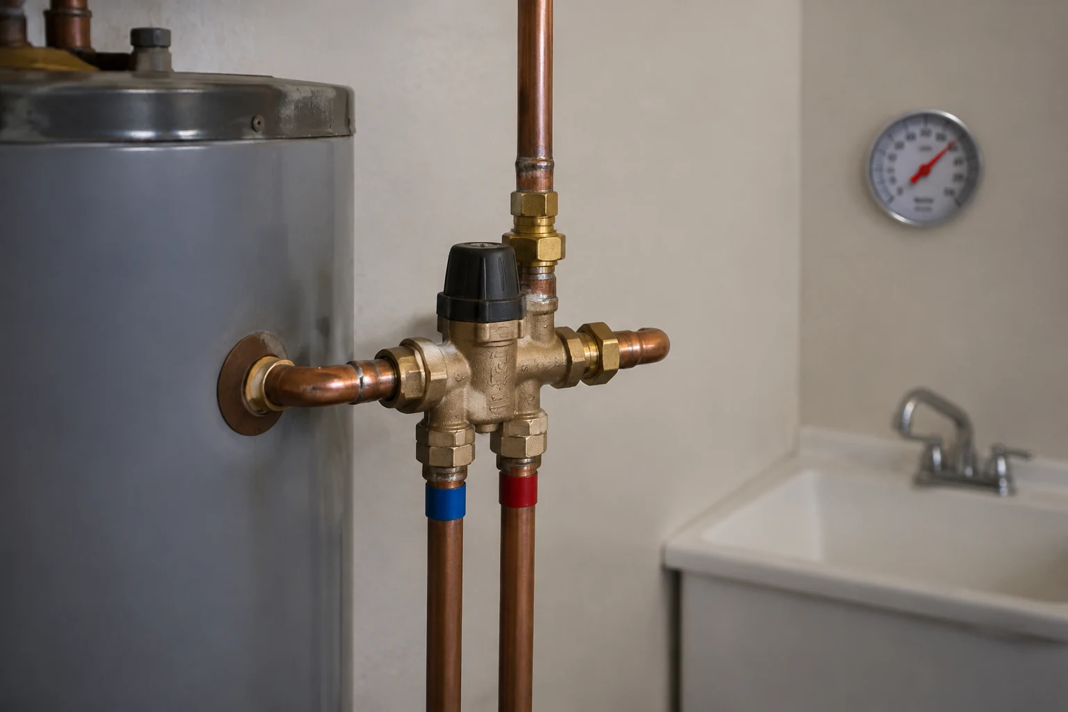 Brass thermostatic mixing valve plumbed on the hot outlet of a residential water heater with hot and cold supply lines