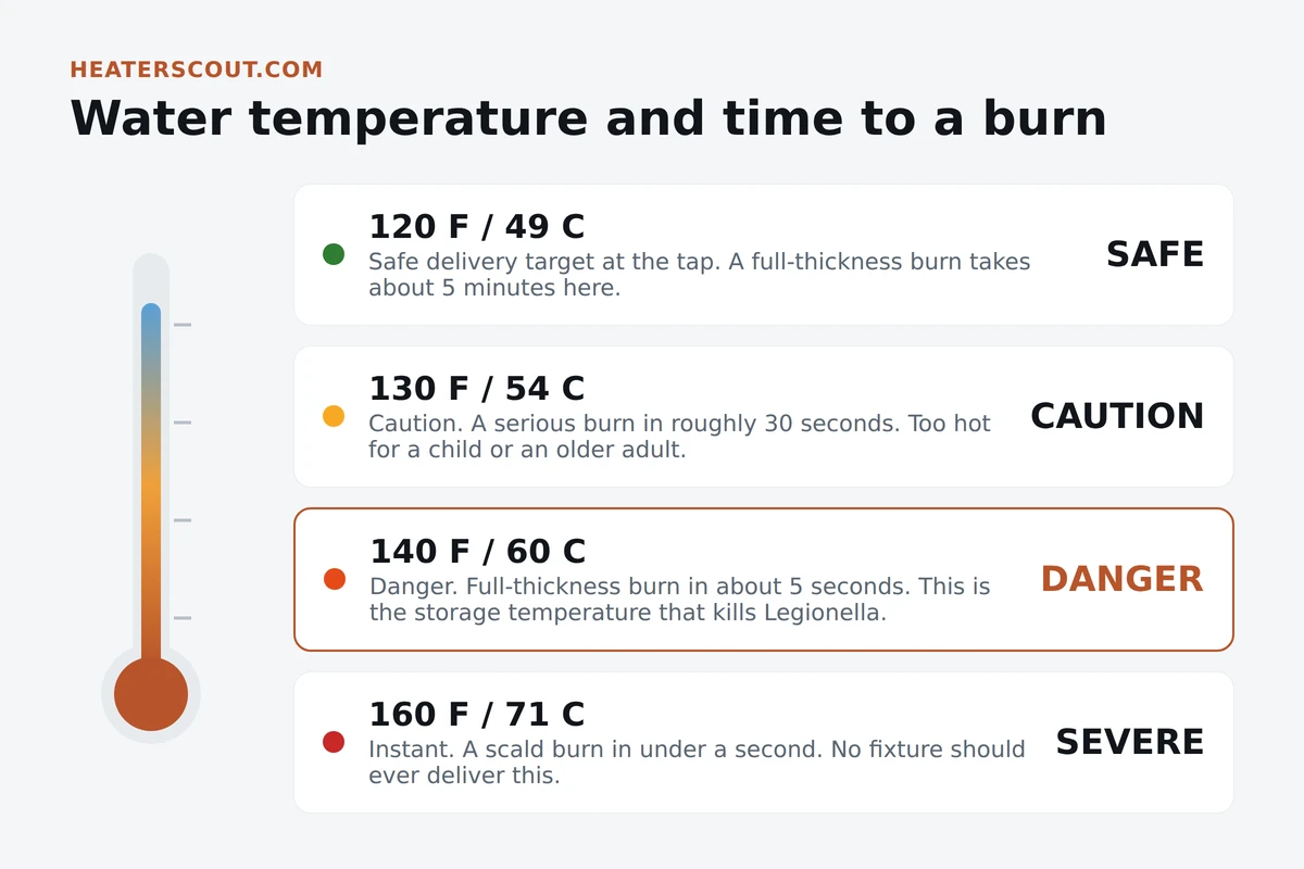 Temperature band chart showing time to a full-thickness burn at 120 F, 130 F, 140 F, and 160 F water