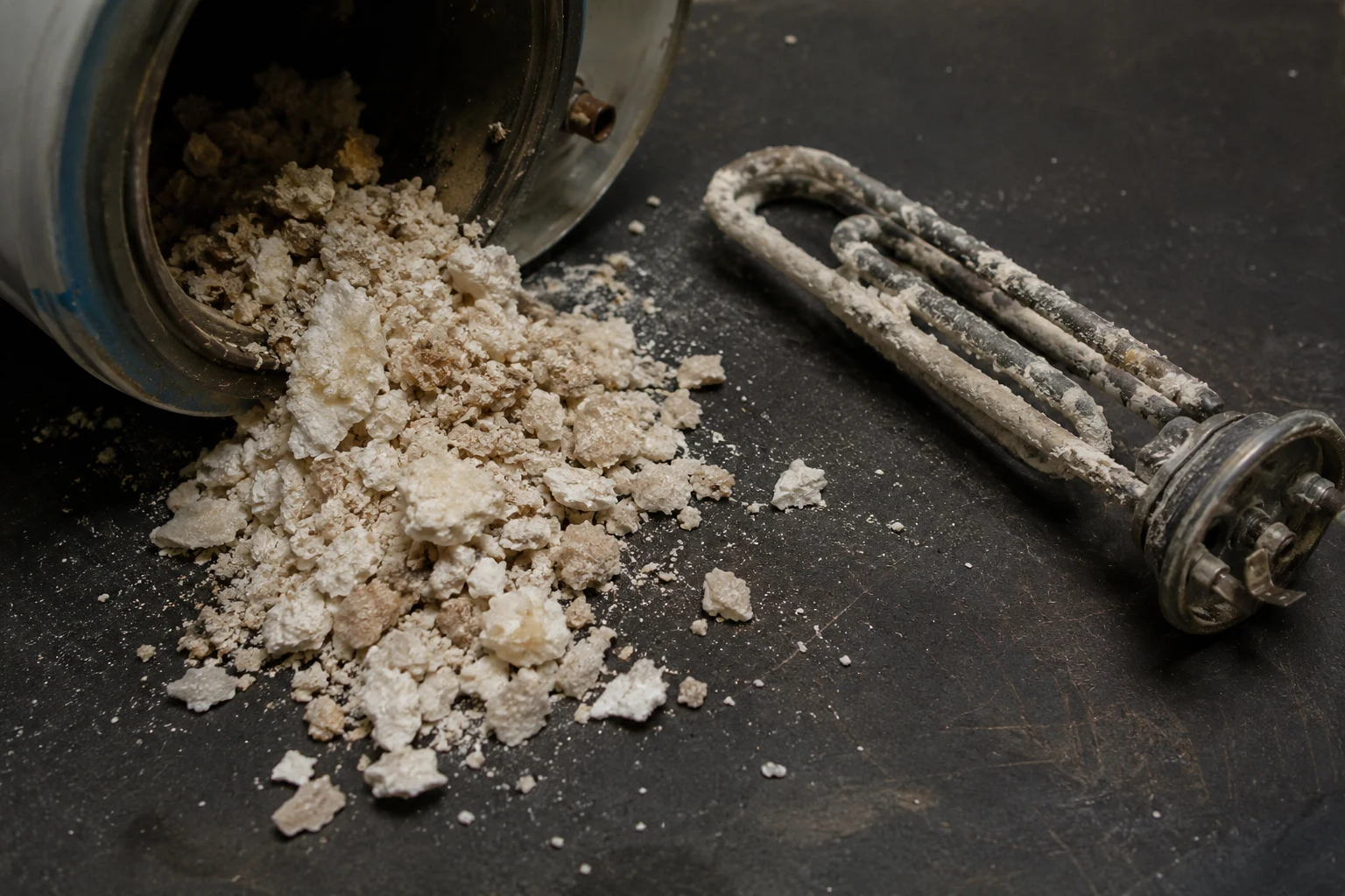 Thick chalky calcium carbonate scale coating an electric water heater element pulled from a hard-water tank